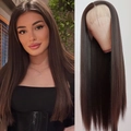 Deep brown long straight lace front wig featuring natural hairline and cap structure - Brown