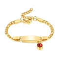 Gold baby Figaro chain bracelet with a curved ID plate and a vibrant red birthstone charm - January-Gold-16cm