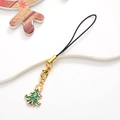Miniature green enamel Christmas tree phone charm with golden star and black woven cord - Christmas Tree / Gold