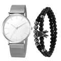Minimalistische silberne Netzuhr im Set mit schwarzen Perlenarmbändern und Kronen-Anhänger - Silber + Armband
