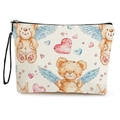 Cream canvas pouch with cute bear and heart prints featuring a black wrist strap - Flying Teddy Bear with Hearts (Style 2)