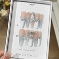 Handmade cat-eye press-on nails with blue-white gradient, bows, pearls and glitter - Confession Blue (Nude Pink White Bow)