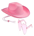 Cappello da cowboy rosa con piume e set di occhiali da sole a forma di cuore abbinati - Cappello Bordo Rosa + Occhiali
