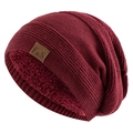 Winterse wijnrode gebreide muts met dikke fleecevoering en FS-lederen patchdetail - L(58-62cm) / Bordeauxrood