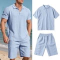 Detail of light blue linen polo set with drawstring shorts on beach background - S / Top And Bottom / Light Blue