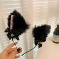 Plush black cat ear headband with pink lining, satin bows, and golden bells - Black Cat Ears Bell Headband