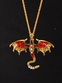 Detailed close-up of golden dragon pendant with red enamel wings and sparkling rhinestones - Necklace / Gold Red (N-1125)