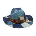 Chapeau de cowboy en patchwork de denim avec bande en cuir et boucle de tête de taureau - Style de Ceinture en Cuir Marron Crâne de Taureau / Bleu Royal