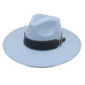 Close-up of light blue wool felt fedora hat featuring a black faux leather belt buckle strap - Sky Blue Heart (Black Wide Leather)