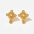 Retro gouden kruis oorbellen met witte zirkonen en kralen details voor dames - Goud met Witte Zirconia (KDE1129)