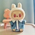 Labubu doll wearing blue denim jacket and beige bunny hat with red heart eyes - Curved Light Blue Suit / First And Second Generation Keychains Are Compatible With La Cloth Dolls. Dolls Not Included.