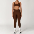 Set yoga marrone cioccolato due pezzi con reggiseno sportivo e leggings a vita alta - Taglia S / Top E Pantaloni / Reggiseno sportivo + Leggings / marrone cioccolato