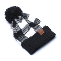 Winter Buffalo Plaid Beanie with Black Pom Pom and C.C Leather Label in Black and White - With Label (C.C) / Black and White