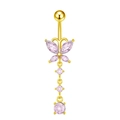 Golden butterfly belly button ring with pink gemstones and long tassel dangles - Gold-Pink Zircon Butterfly Dangle