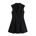 Elegant black sleeveless V-neck mini dress with slim fit and flared skirt on white background - XS / Black