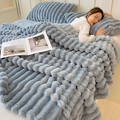 Thick Morandi blue rabbit fur fleece blanket with 3D embossed texture and soft bedding set - Blue Gray