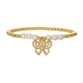 Dettaglio del bracciale con perle dorate e bianche e ciondolo a farfalla in zircone scintillante - Bracciale con Perline d'Oro e Farfalla in Zircone Bianco