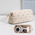 Quilted hair dryer storage bag with bow embroidery and spacious travel compartments - Beige