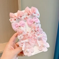 Pink and white cartoon strawberry hair clip set for girls with satin bows and mesh flowers - 345# Pink 10pcs Set