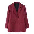 Women's burgundy double-breasted long sleeve lapel blazer jacket in minimalist style - Burgundy