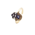 Gold plated Hamsa Hand ring with evil eye enamel and sparkling zircon accents - Adjustable Open / Blue