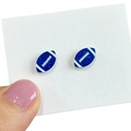 Sparkly blue glitter football helmet stud earrings for women shown on white card display - Blue Glitter Rugby