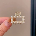 Elegant gold metal hair claw clip with inlaid pearls in a hollow rectangular design - 5# Square Full Pearl (3cm)