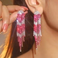 Elegant gradient pink and silver rhinestone tassel earrings with a shimmering finish - Flat Style / Gradient Pink Silver