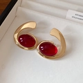 Elegante gouden oorbellen met ovale rode edelstenen in een minimalistische vintage stijl - Zilveren Pin Oorbellen-Groot / Goud-Rood