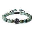 Detail of beaded bracelet with 8mm tiger eye stones and a lion head charm on woven cord - African Pine Stone Bracelet