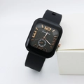 Detail of square quartz watch featuring rose gold markers and black silicone strap - Black Numbers