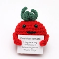 Handmade crochet positive tomato plush toy with green leaf and motivational sign - White Potato with Bow and Blush P Card