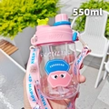 Pink and blue 550ml kids straw water bottle with adjustable strap and cartoon patterns - 550ml / Pink