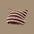 Handmade striped knit cat ear beanie in brown and pink color scheme - One Size / Striped Pink Khaki
