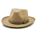 Khaki wool fedora hat with striped band and metal buckle in 45-degree angle view - M (56-58cm) / Gray-Green Patchwork Ribbon Style / Khaki