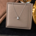 Elegant silver teardrop pendant necklace displayed on a premium brown jewelry gift box - 【h492】dangling Round Chain Teardrop Necklace Steel Color