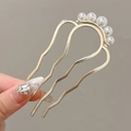 Épingle à cheveux dorée en forme de U avec cinq perles blanches et design ondulé - Vague à 5 Perles Dorée (121#)