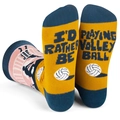 Detail of volleyball socks with text I'D RATHER BE PLAYING VOLLEY BALL on the sole - One Size / Beach Volleyball Theme