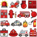 16-delige set brandweer borduurpatches met brandweerwagens en hydranten op wit - Set van 16