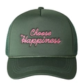 Dark green trucker hat with pink Choose Happiness embroidery and mesh back - One Size / Dark Green