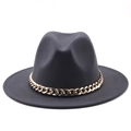 Detail of dark grey wool fedora hat featuring a chunky gold metal chain embellishment - Dark Gray