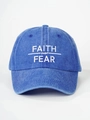 Macro shot of white FAITH OVER FEAR embroidery on blue washed denim baseball cap - Adjustable / Royal Blue