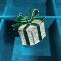 Green and gold Christmas gift box brooch pin with sparkling rhinestones decoration - Green Christmas Gift Box Brooch