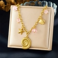 Gold-plated stainless steel necklace with seashell, conch, and starfish charms - 3D Conch Pink Pentagram Necklace (N3534)