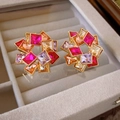 Vintage round gold earrings with cluster of colorful square crystals on grey velvet - Colorful (65# Silver Earring Post)