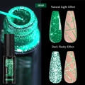 Detalle macro de gel de línea con purpurina verde reflectante 004 para uñas de UV/LED - Gel De Línea De Diamante Fluorescente 04 (Verde)
