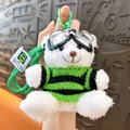 White plush bear keychain wearing goggles and green striped knit sweater charm - White Bear in Green Sweater - Pilot Plush Charm