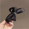 Elegant large black satin bow hair claw clip with sparkling rhinestone centerpiece - Black Satin Rhinestone Bow Shark Clip