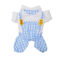 Detailed close-up of blue and white checkered pet jumpsuit with yellow duck embroidery - M / Jumpsuit / Blue Chick Plaid