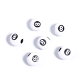 Macro view of white acrylic beads featuring black number eight billiard ball design - White Billiards 8
